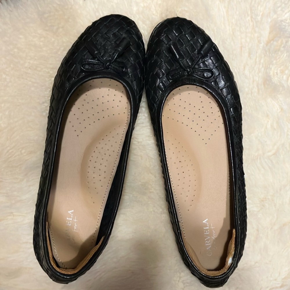 Carvela Black Woven Leather Ballet Flats, 38.5